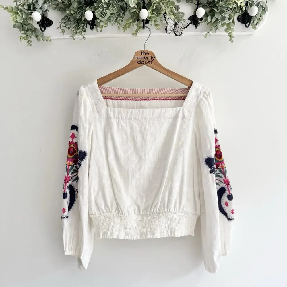 Anthropologie Embroidered Puff-Sleeve Square Neck Textured Blouse Small White #M